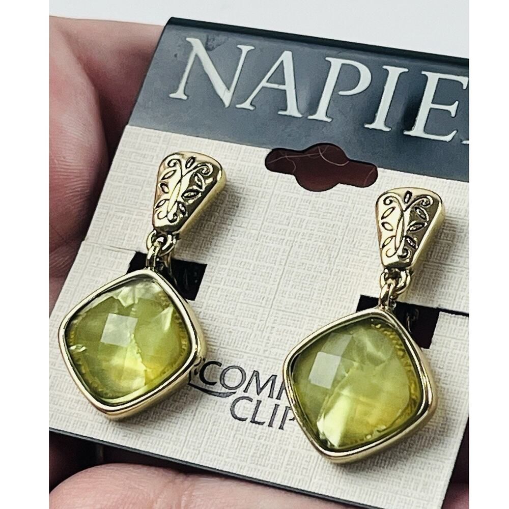 Napier Gold Tone Faux Peridot Green Clip On Earrings Lime Faceted Dangle Filigre